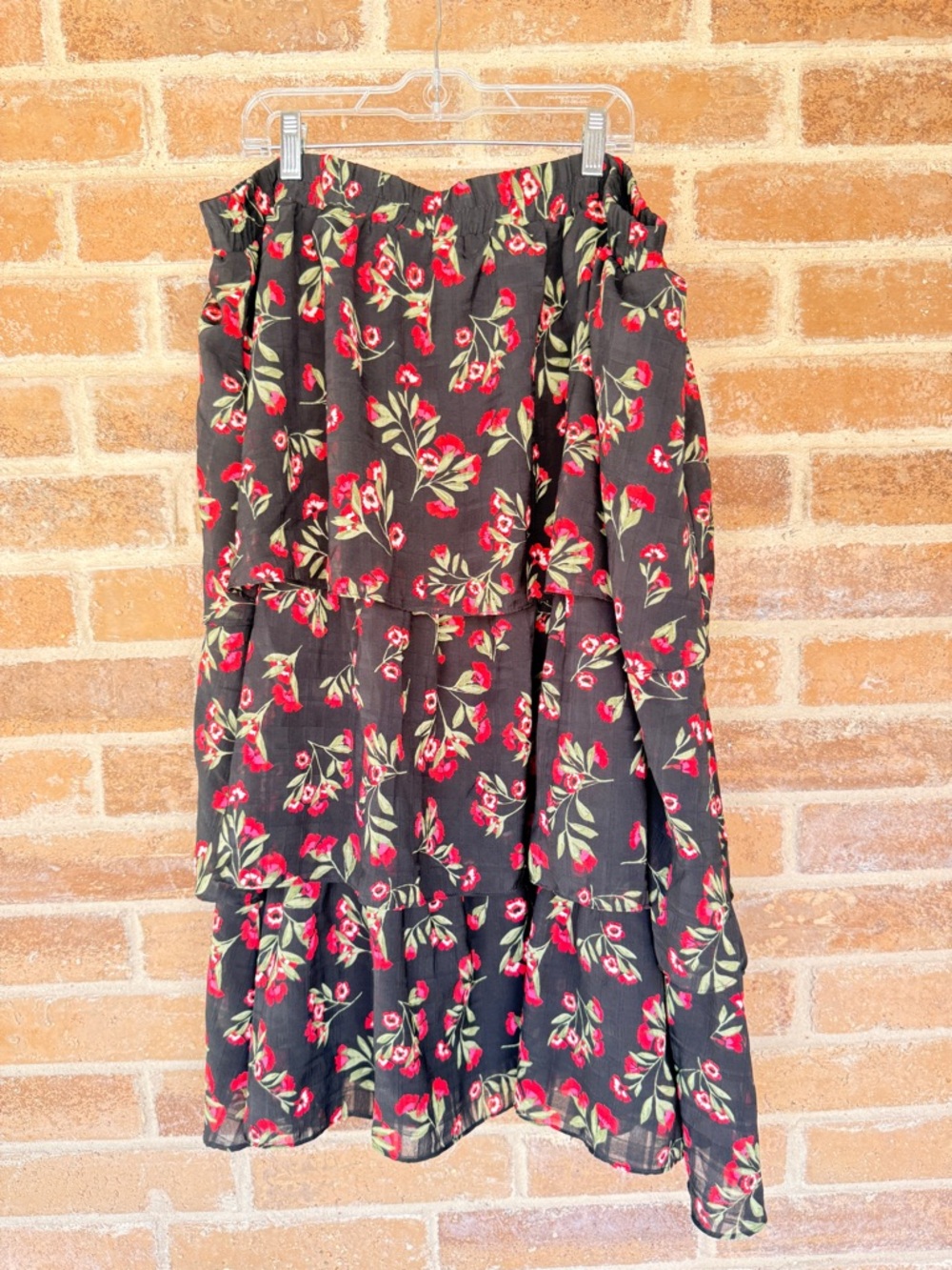 Draper James Black Floral Tiered Maxi Skirt with Red & Green Bloom